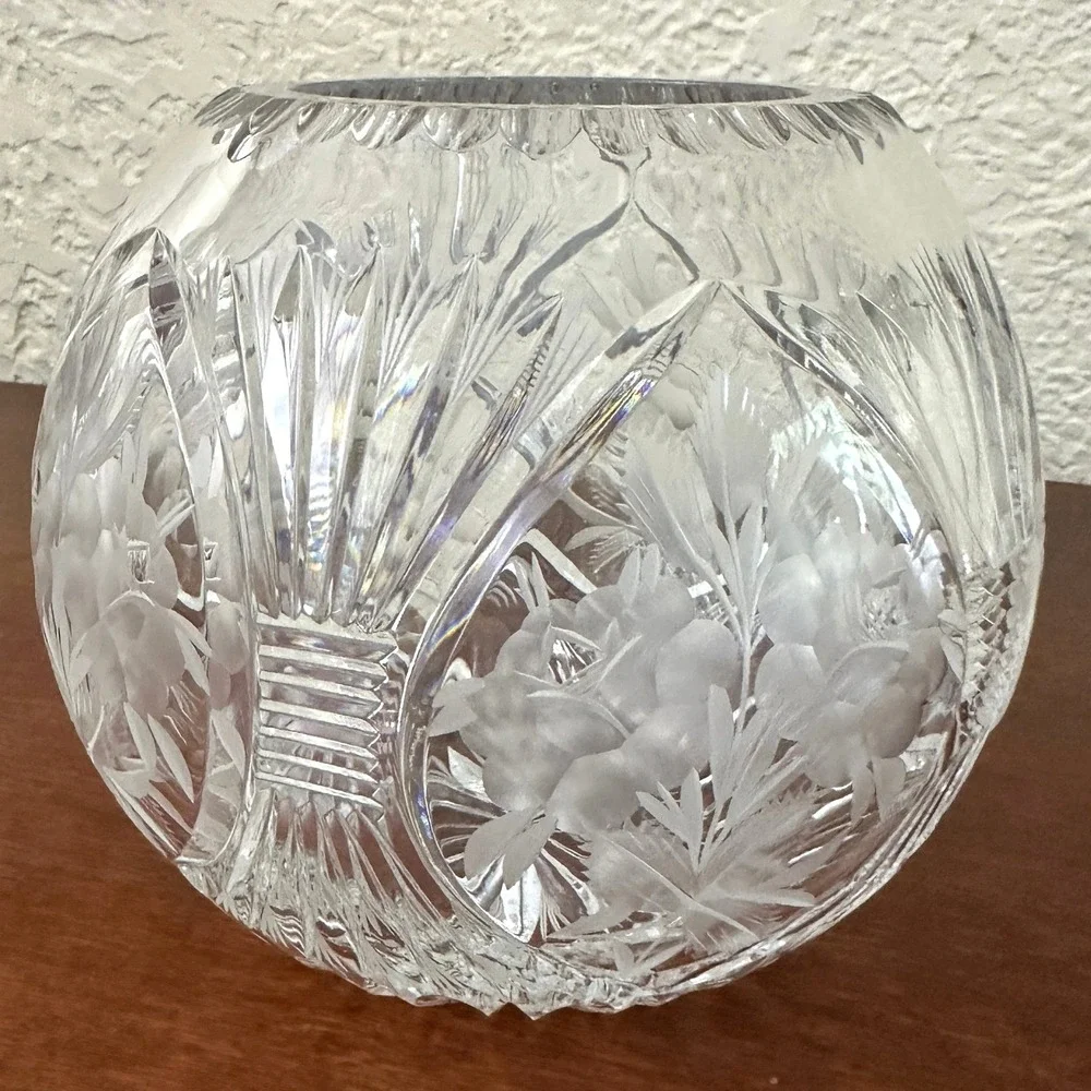 Crystal Frosted Floral Etched Cut Glass Clear Rose Bowl Vase Vintage Cottagecore